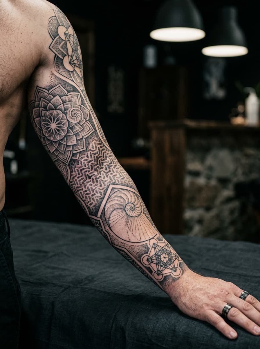 Geometrik ve Mikro Realizm Mandala Kol Dövmesi