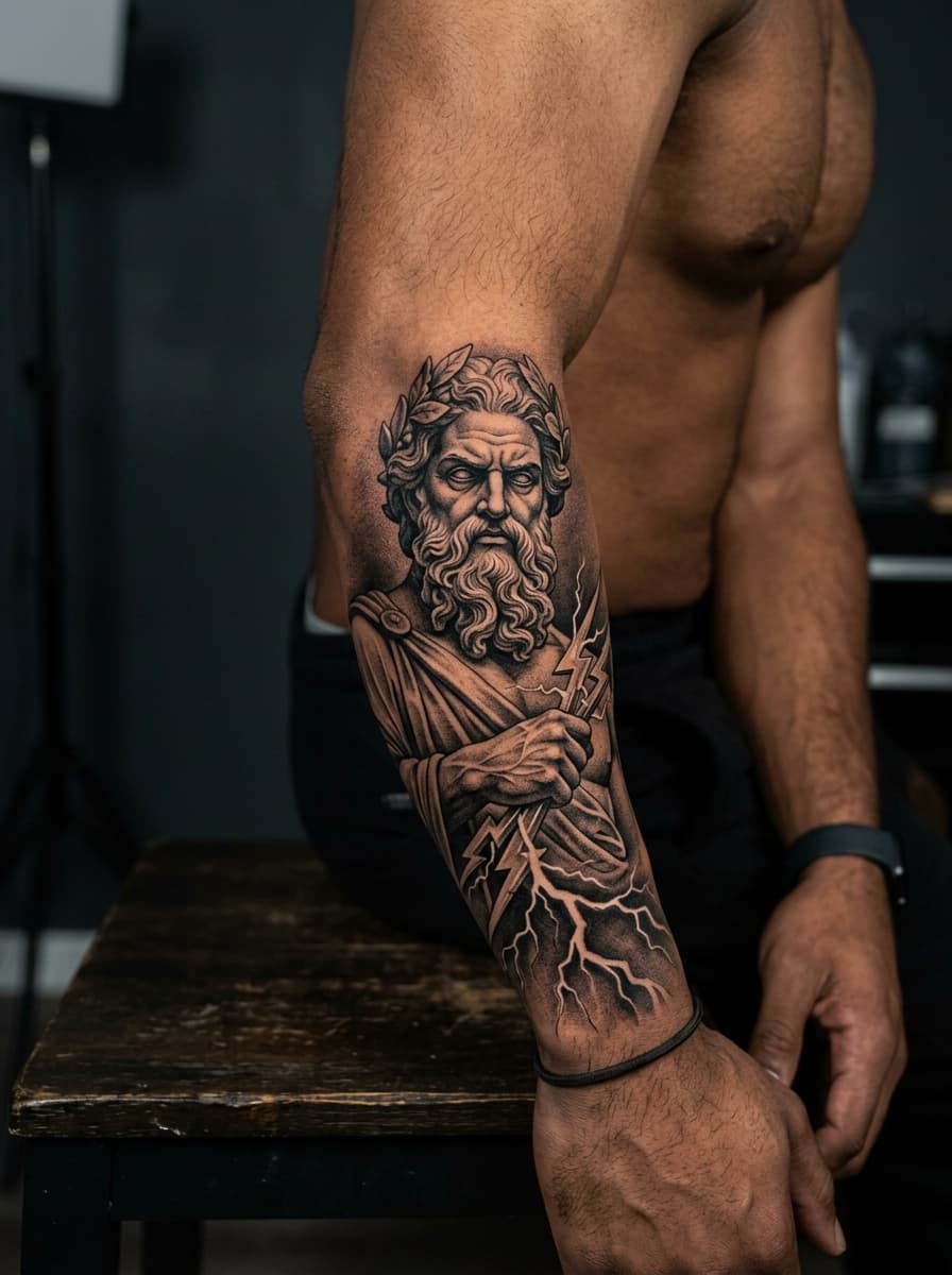 Black and Grey Realizm Zeus Heykeli Dövmesi